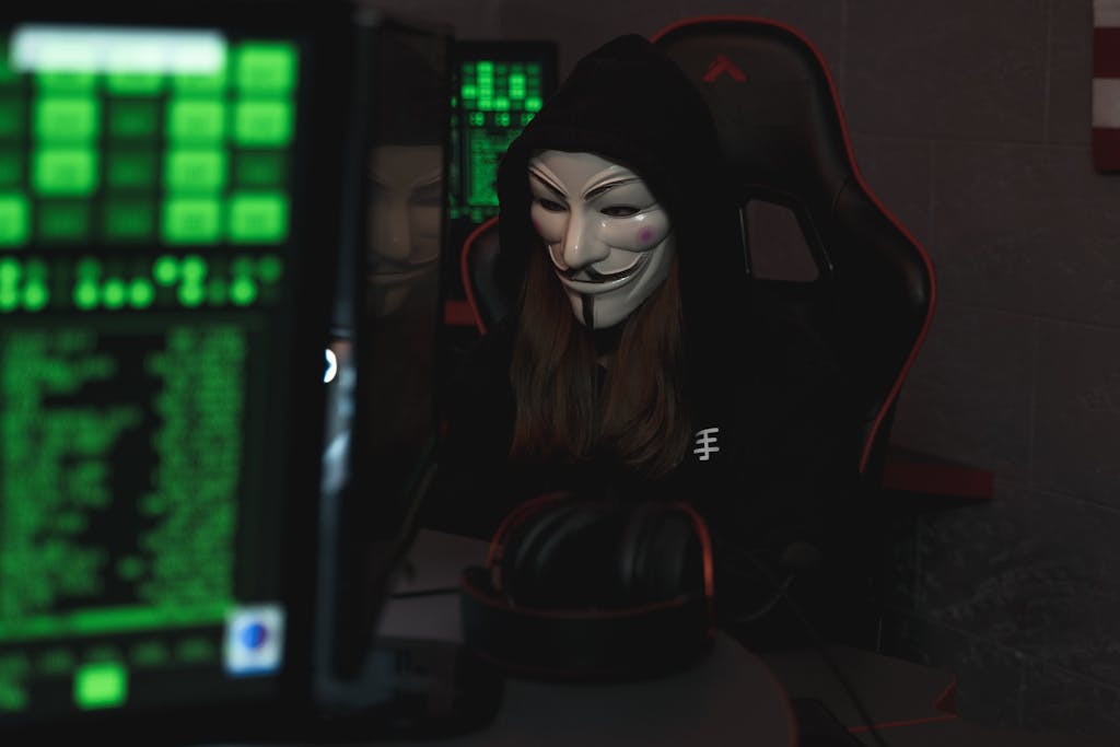 A mysterious hacker wearing a Guy Fawkes mask and black hoodie in a dimly lit room focused on computer screens.